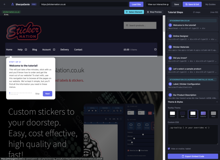 Sherpagenie website guide builder, showcasing the easy to use step system.