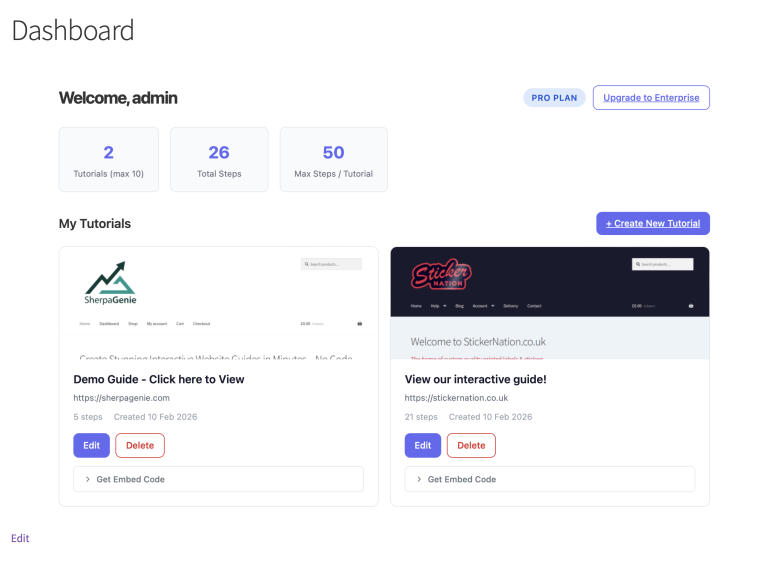 Sherpa Genie Dashboard, where you can view the statistics of your guides.